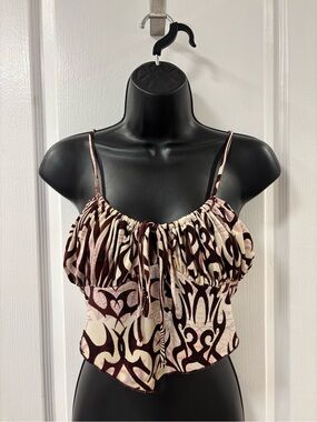 Urban Outfitters Y2K Abstract Print Front Tie Burgundy Spaghetti Strap Top L